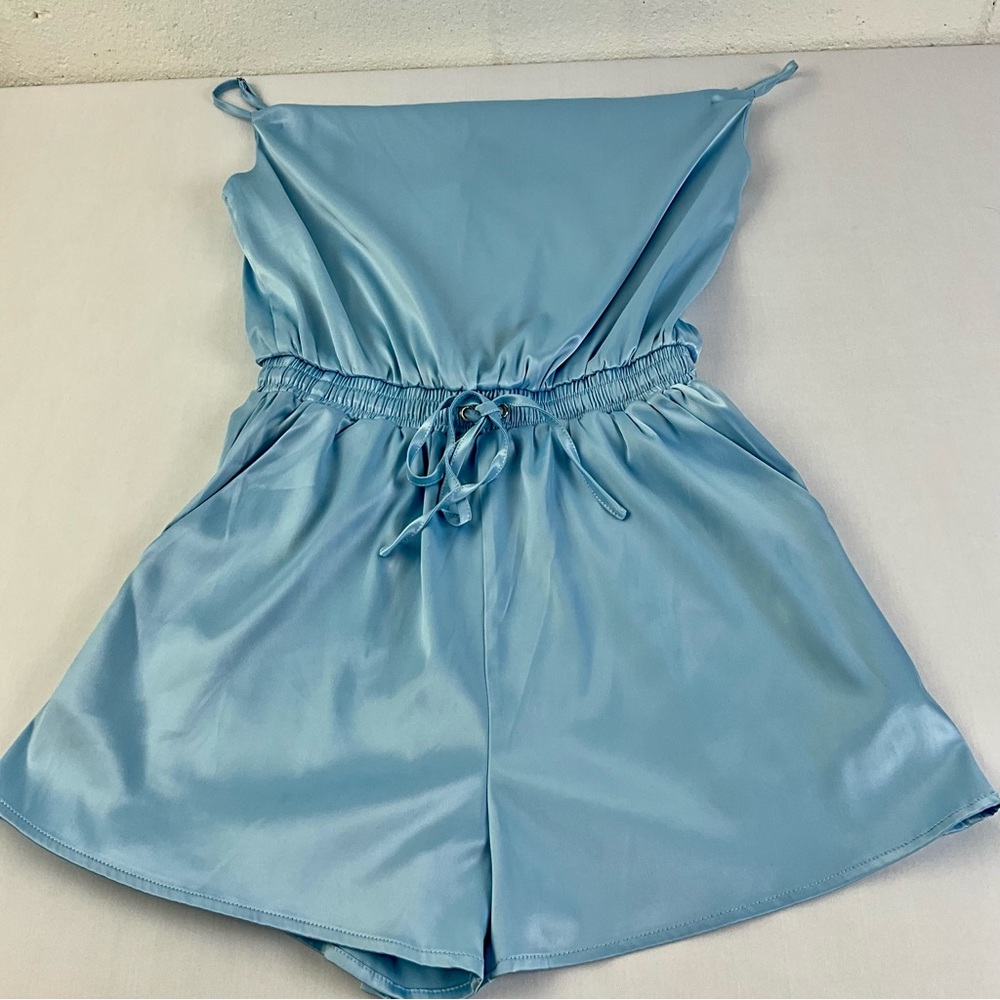 AKIRA women’s blue Slip satin Romper tie-front, elastic waist band Size S NWOT‎ - Picture 7 of 16